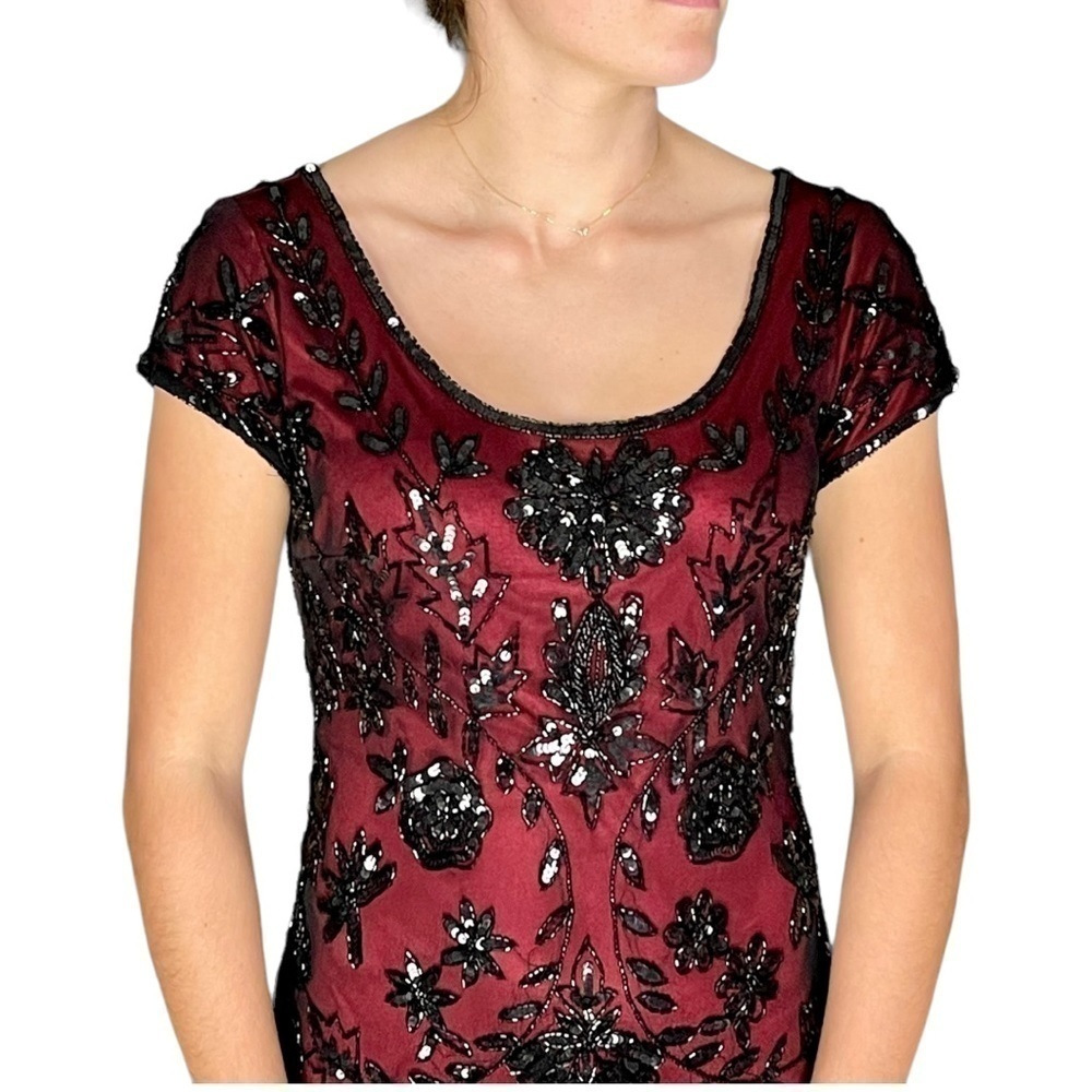 Pisarro Nights Burgundy Mini Dress with Black Sequin Appliqué - Picture 3 of 15